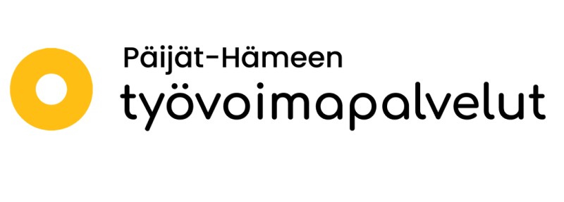 Päijät-Hämeen työvoimapalveluiden logo, jossa musta teksti ja okrankeltainen ympyrä